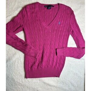 Ralph Lauren Sport Sweater Womens M Pink Cable Knit V Neck Pony Fisherman Preppy